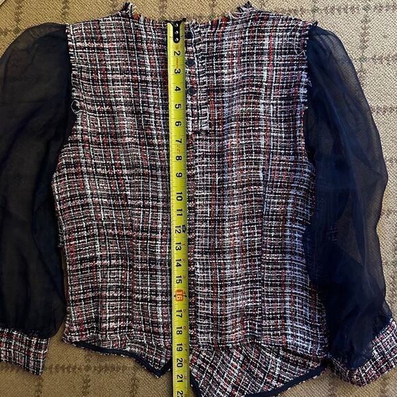 Zara Blue and Red Tweed Organza Top w Blue sheer Puff Long Sleeve M - Picture 14 of 14